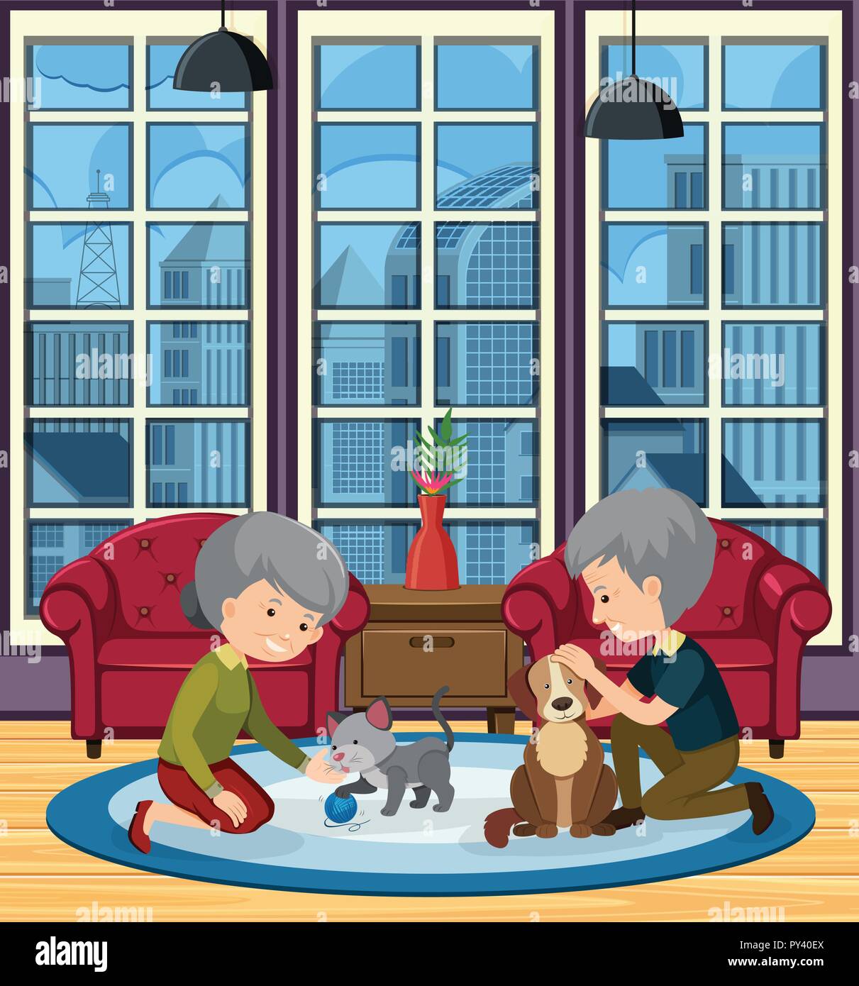 Elderly couple playing with pets illustration Stock Vector Image & Art
