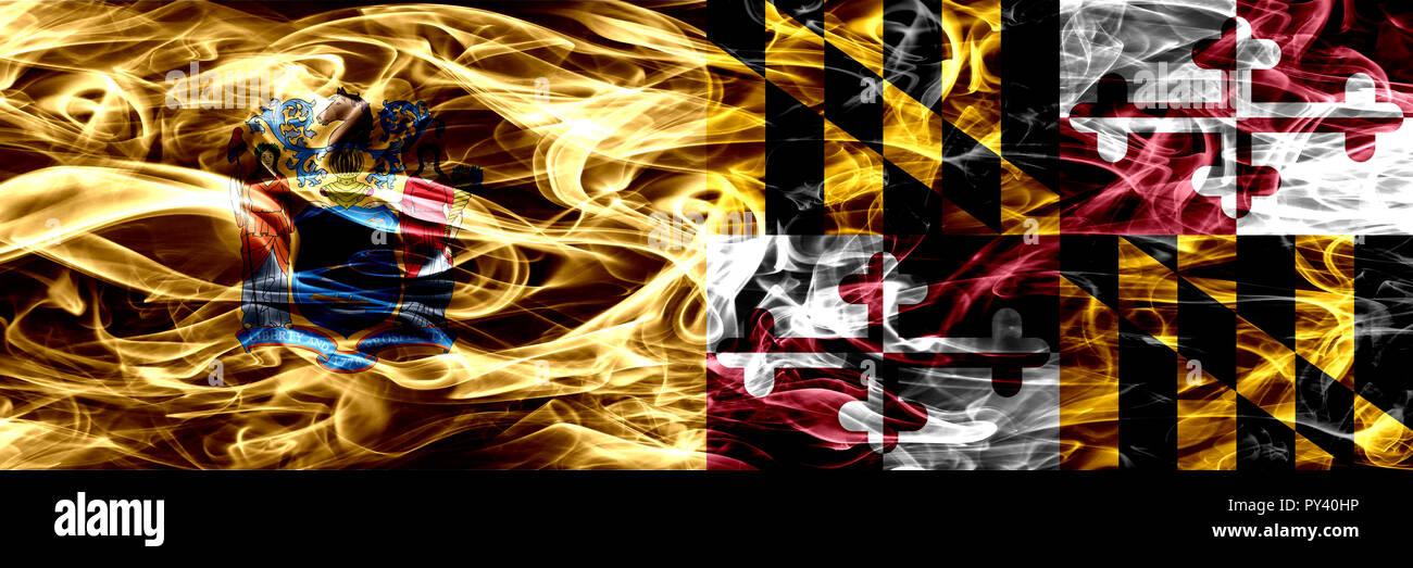 New Jersey vs Maryland colorful concept smoke flags placed side by side