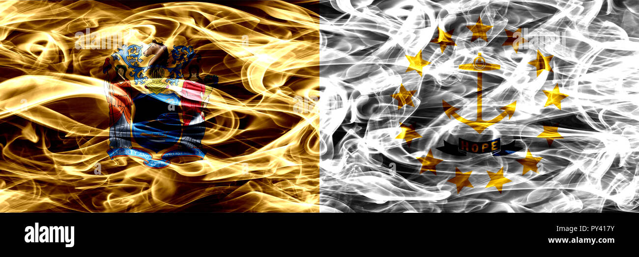 New Jersey vs Rhode Island colorful concept smoke flags placed side by