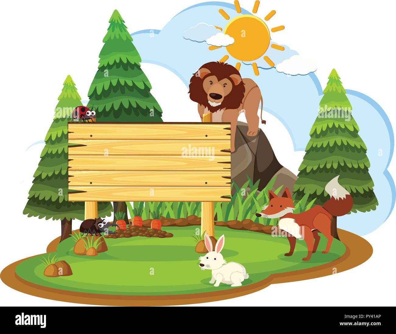 Wooden sign with wild animals illustration Stock Vector