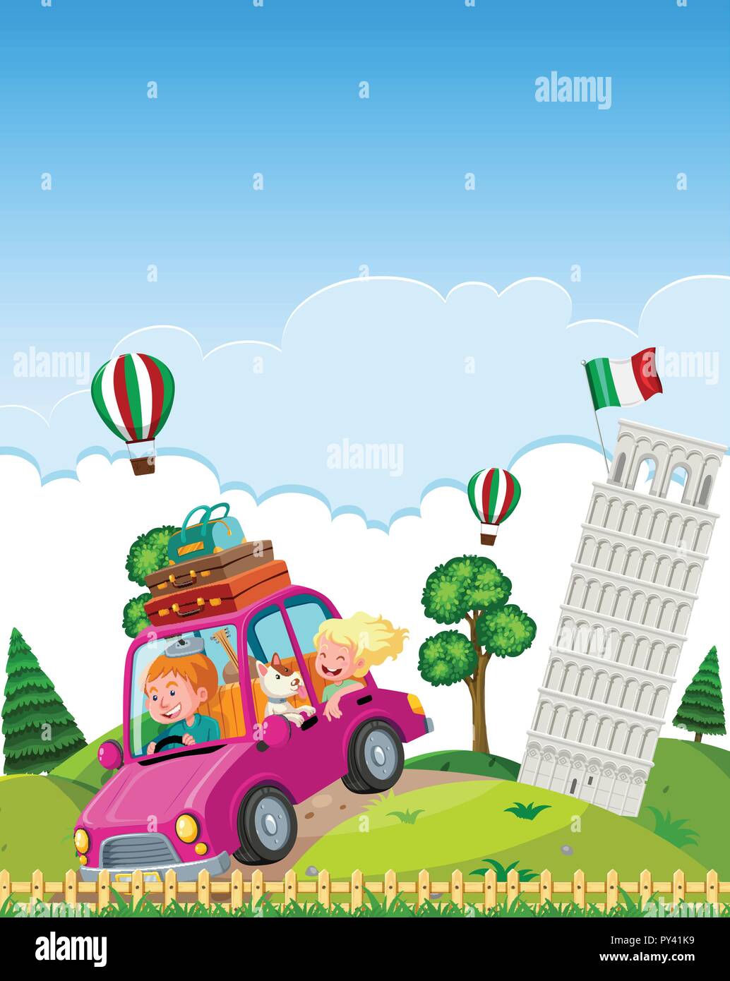 Car driving away from the tower of pisa illustration Stock Vector