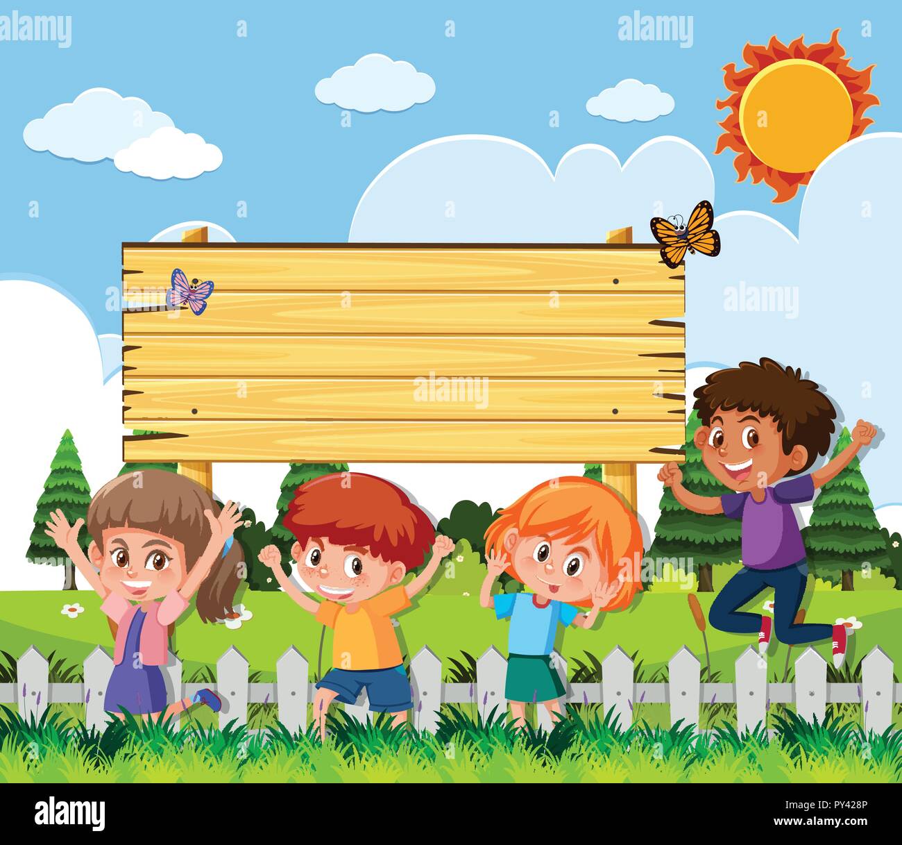 Wooden sign with happy children in garden illustration Stock Vector