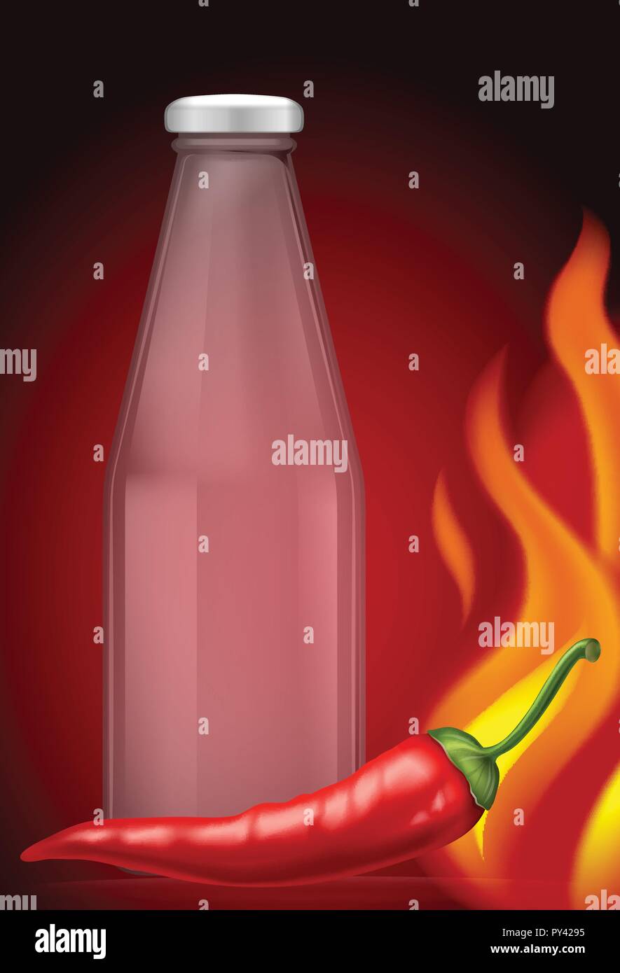 Hot Chilli Sauce Bottle on Red Background illustration Stock Vector