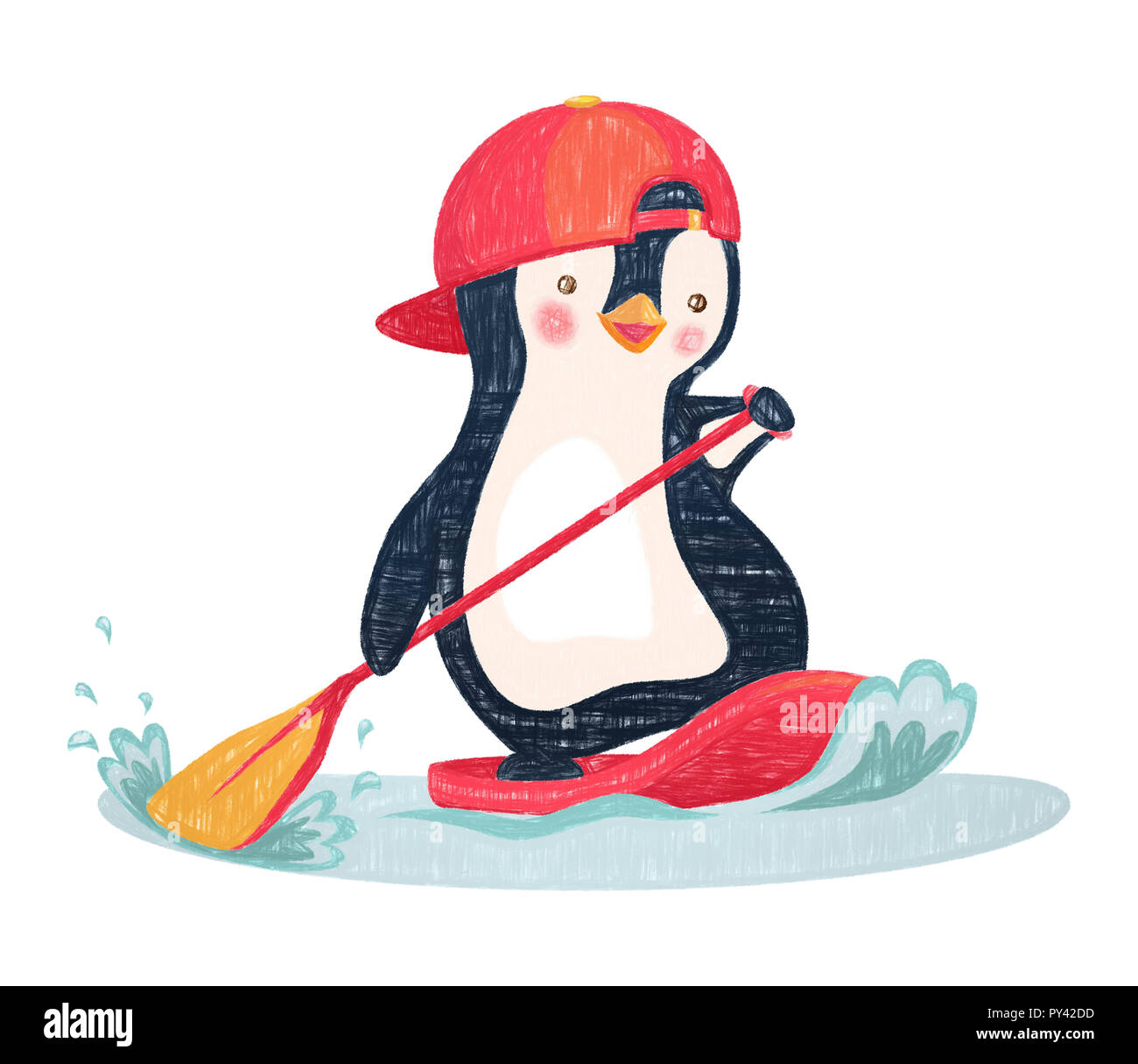 Penguin floating on SUP board. Paddle board. Penguin illustration Stock