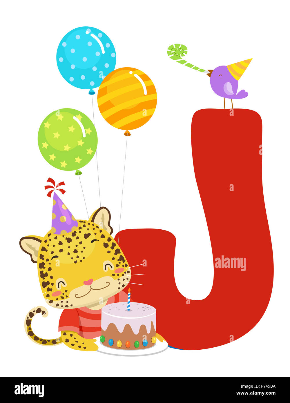 Illustration of a Jaguar with letter J, Birthday Cake, Hat and Balloons  Stock Photo - Alamy