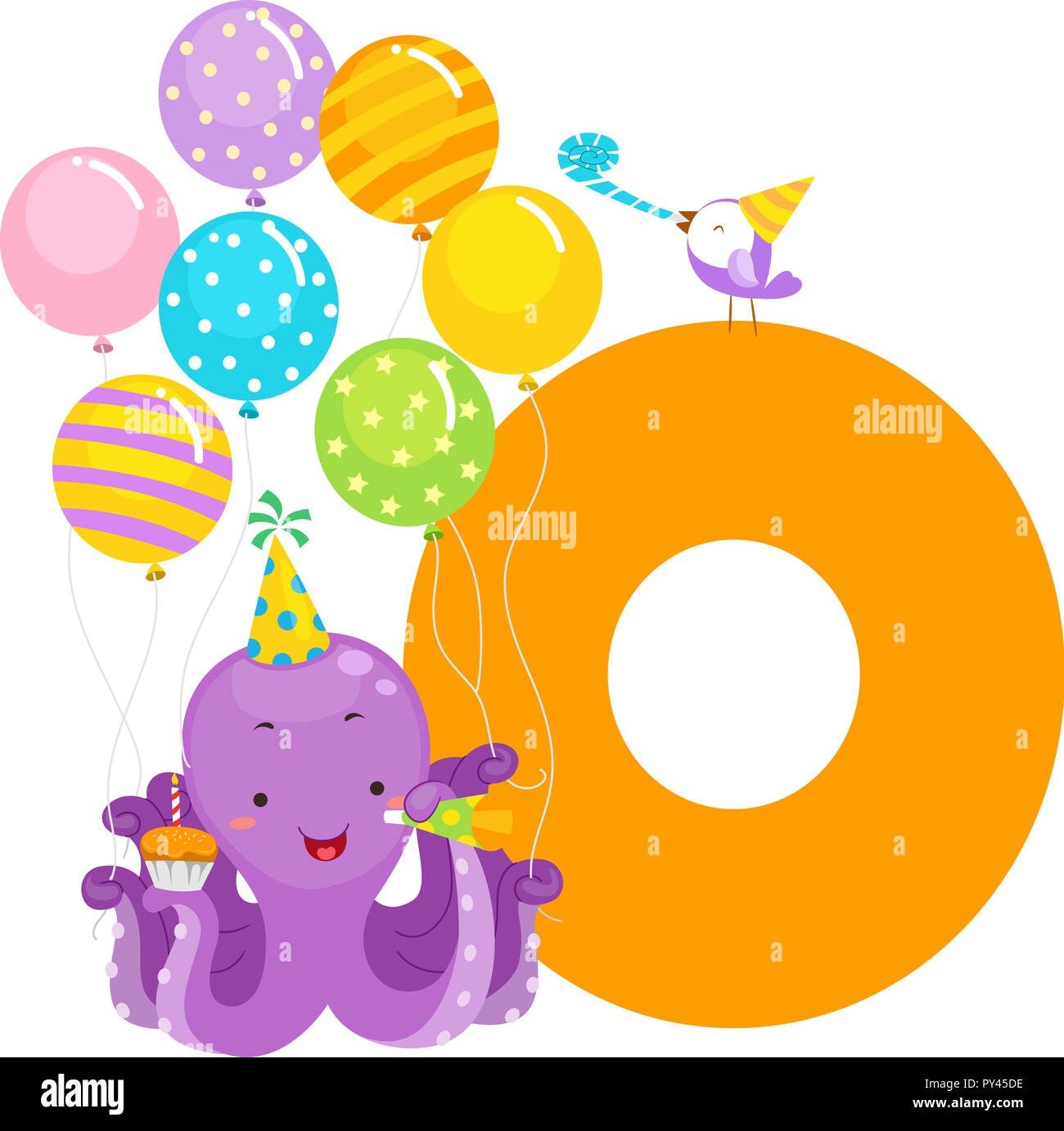 Illustration of an Octopus with Birthday Balloons, Cupcake, Hat and ...