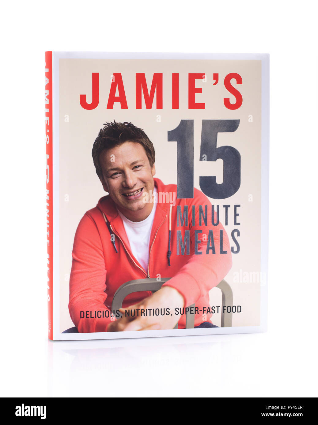 SWINDON, UK - OCTOBER 25, 2018: Jamies 15 Minute Meals Book, Delicious, Nutritious, Super-Fast Food on a white background Stock Photo