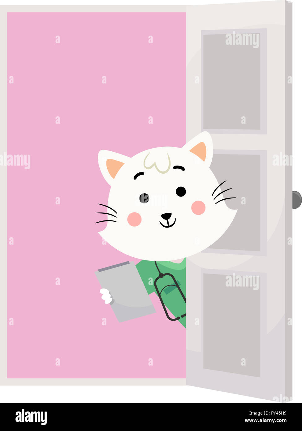 Illustration of a Cat Veterinarian Welcoming from Inside an Open Door wearing Scrub Suit with Stethoscope and Clipboard Stock Photo