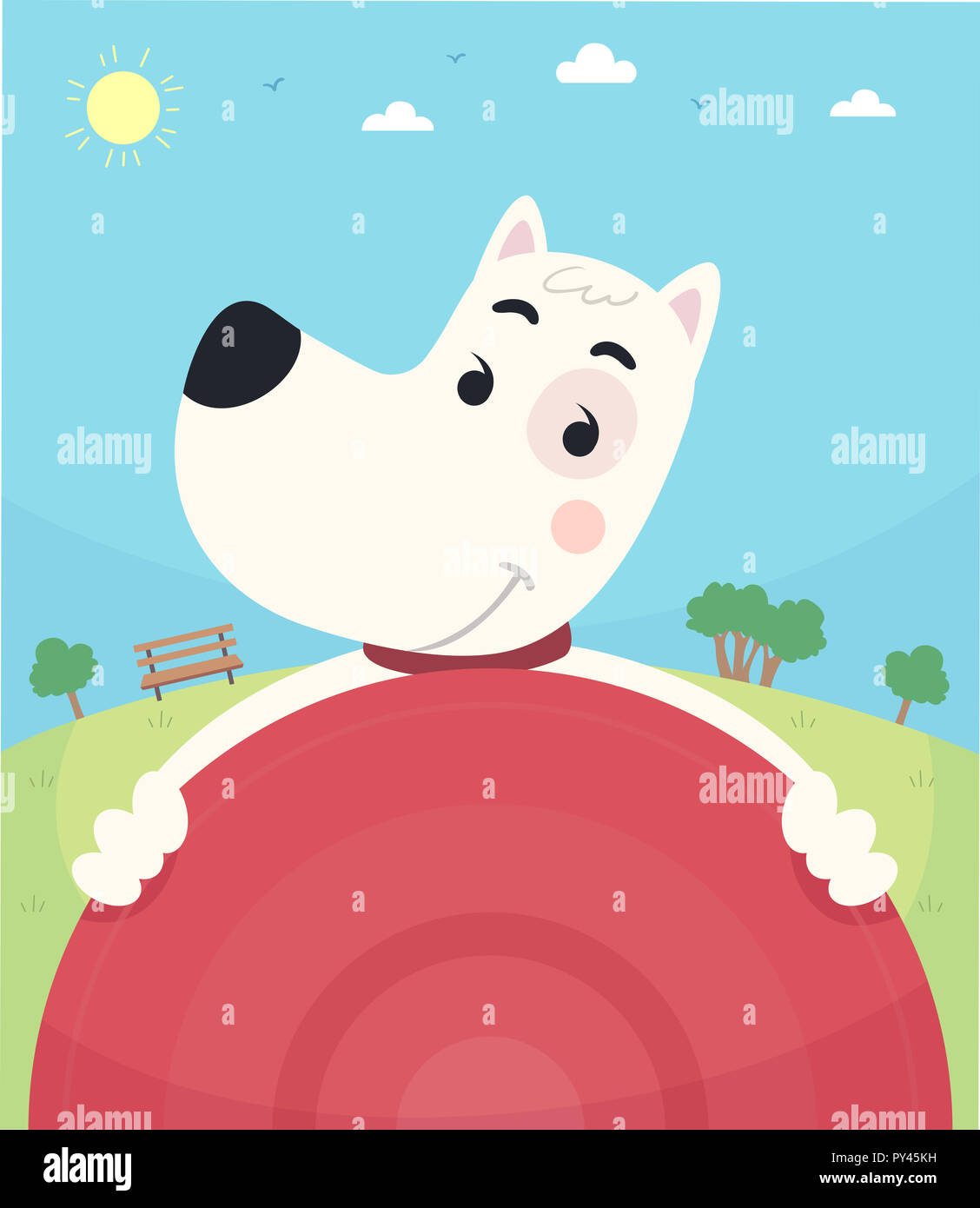 Illustration of a Dog in the Park Holding a Frisbee Inviting to Play Stock Photo