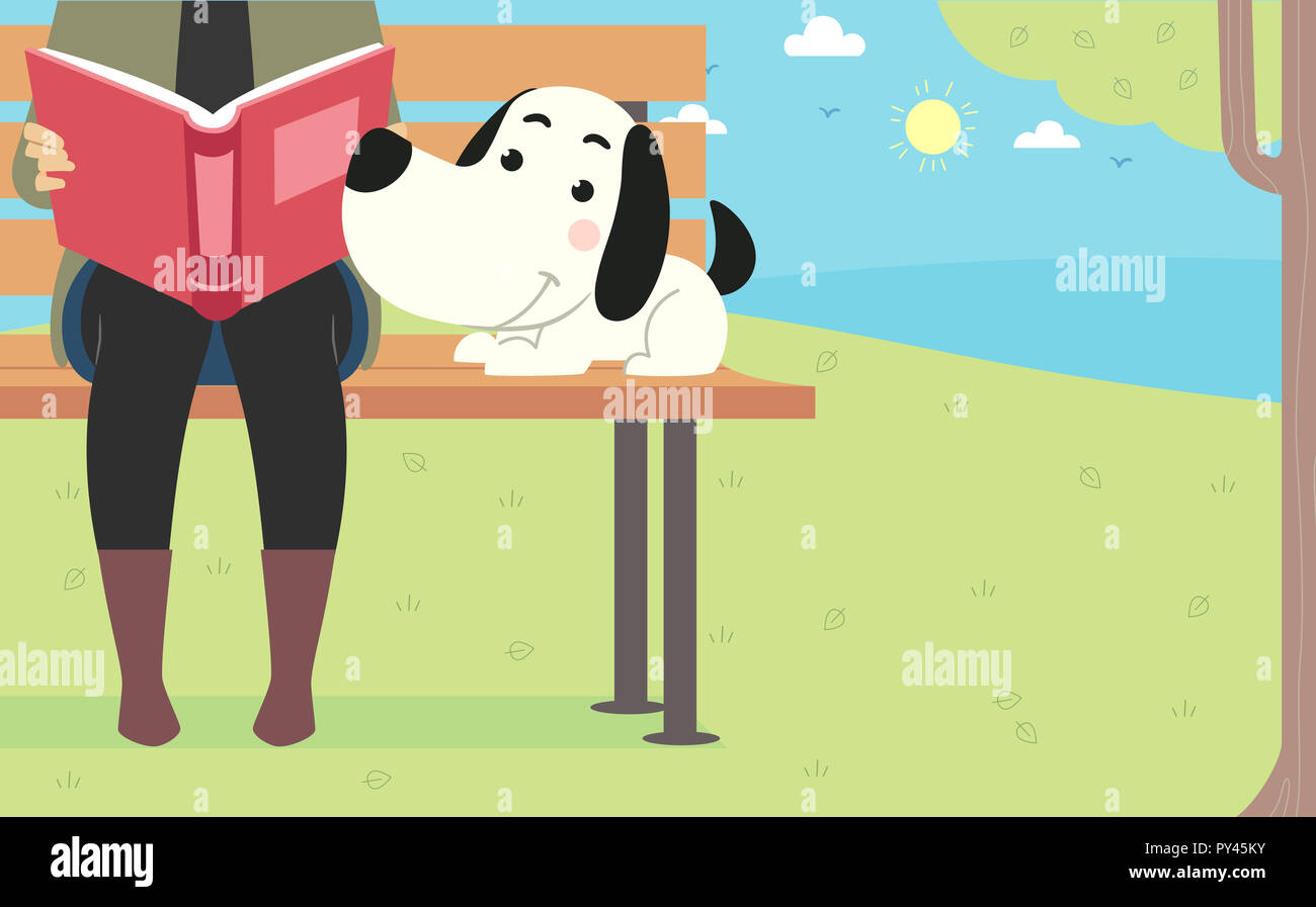 Illustration of a Dog Sitting on a Bench with Girl Reading in the Park ...