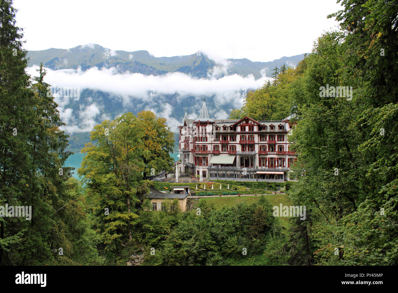 Grandhotel Giessbach Brienz Switzerland. 4 star romantic Grandhotel reached by private funicular from Lake Brienz Interlaken Stunning views.Waterfalls Stock Photo