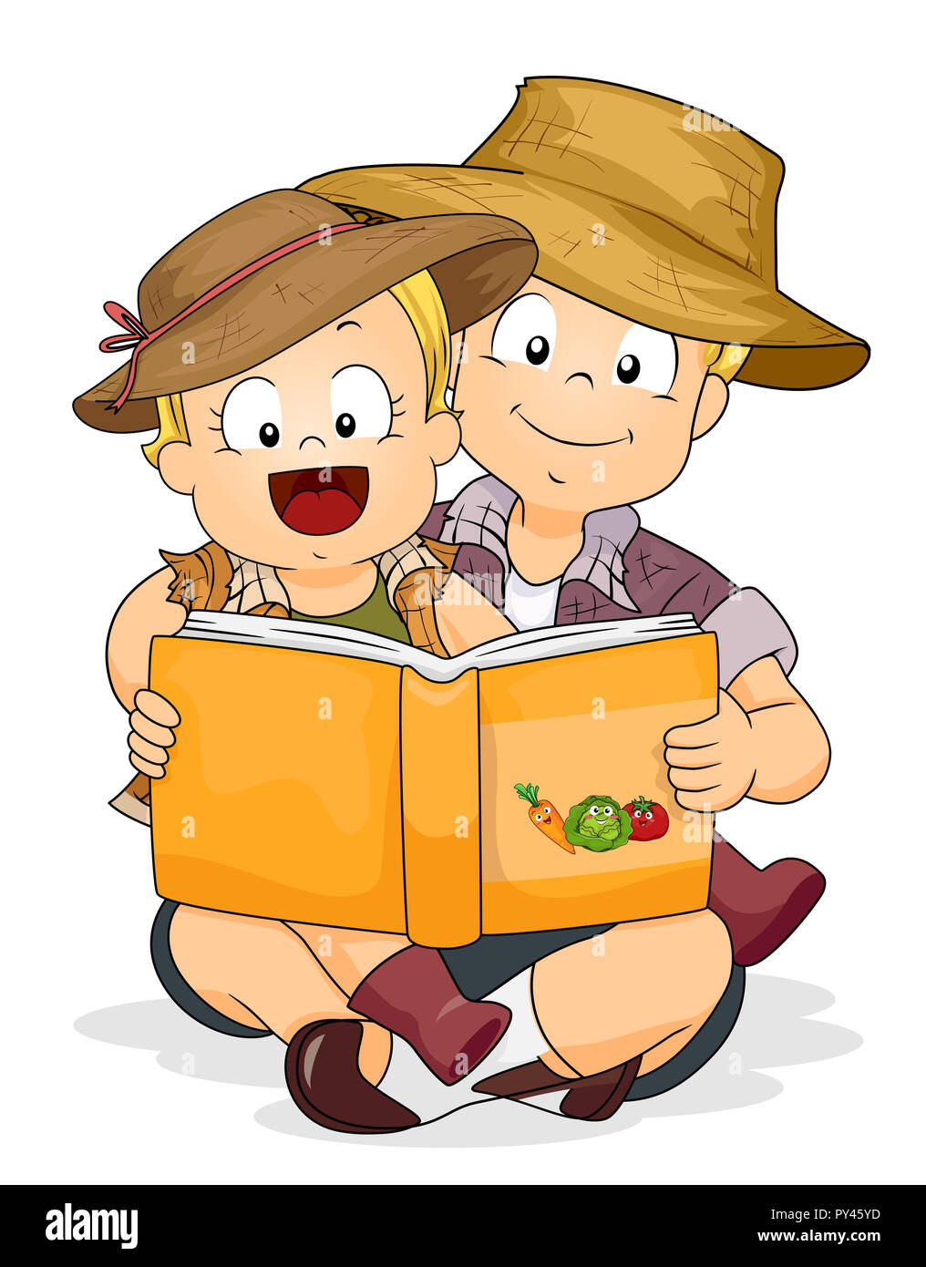 Illustration of a Kid Boy and Baby Girl Toddler Wearing Gardening Hat