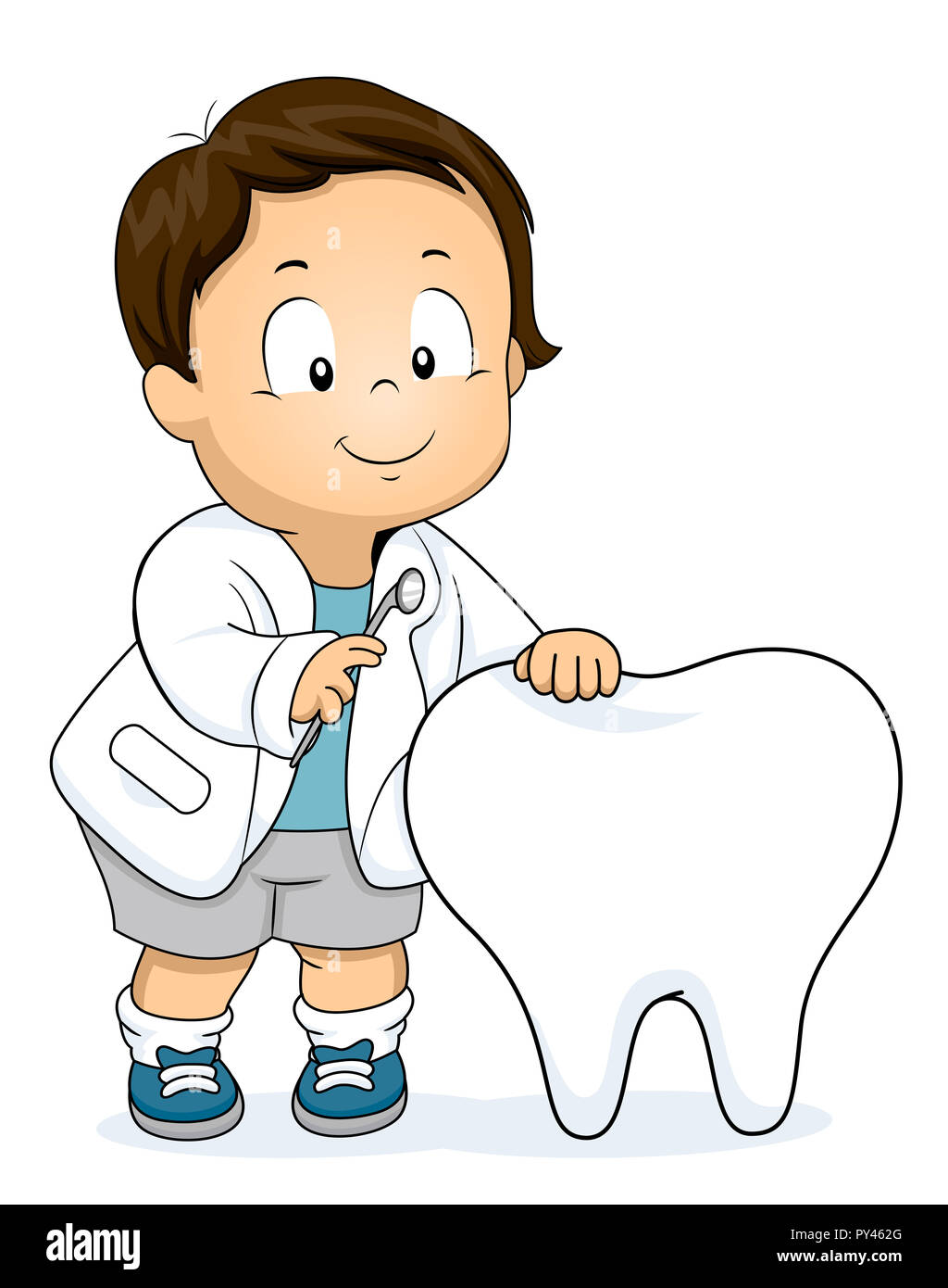 Illustration of a Kid Boy Toddler Wearing Dentist White Coat Holding a Big Tooth and Dental Mirror Stock Photo