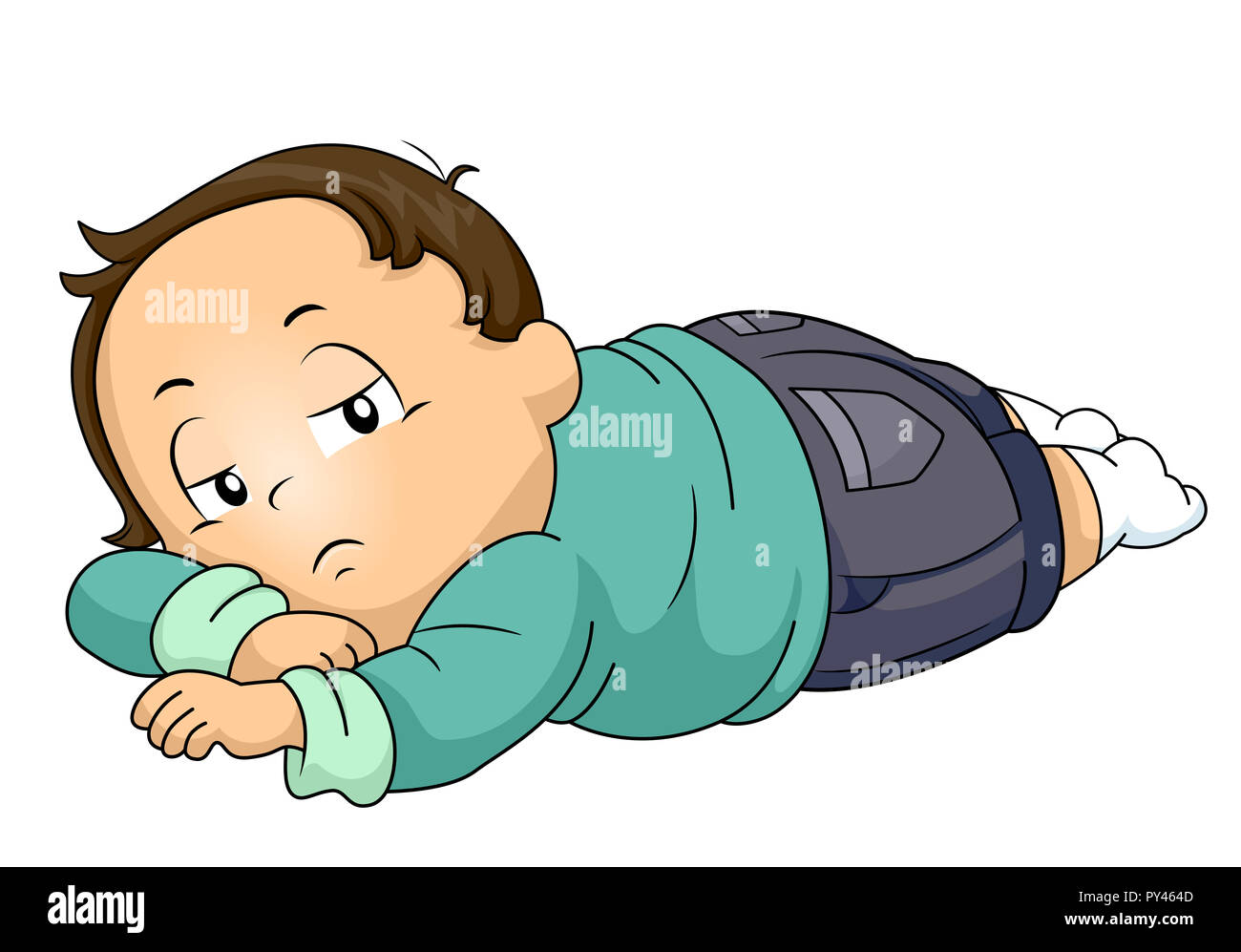 Illustration of a Kid Boy Toddler Lying Down on Stomach and Feeling Lazy and Lethargic Stock Photo