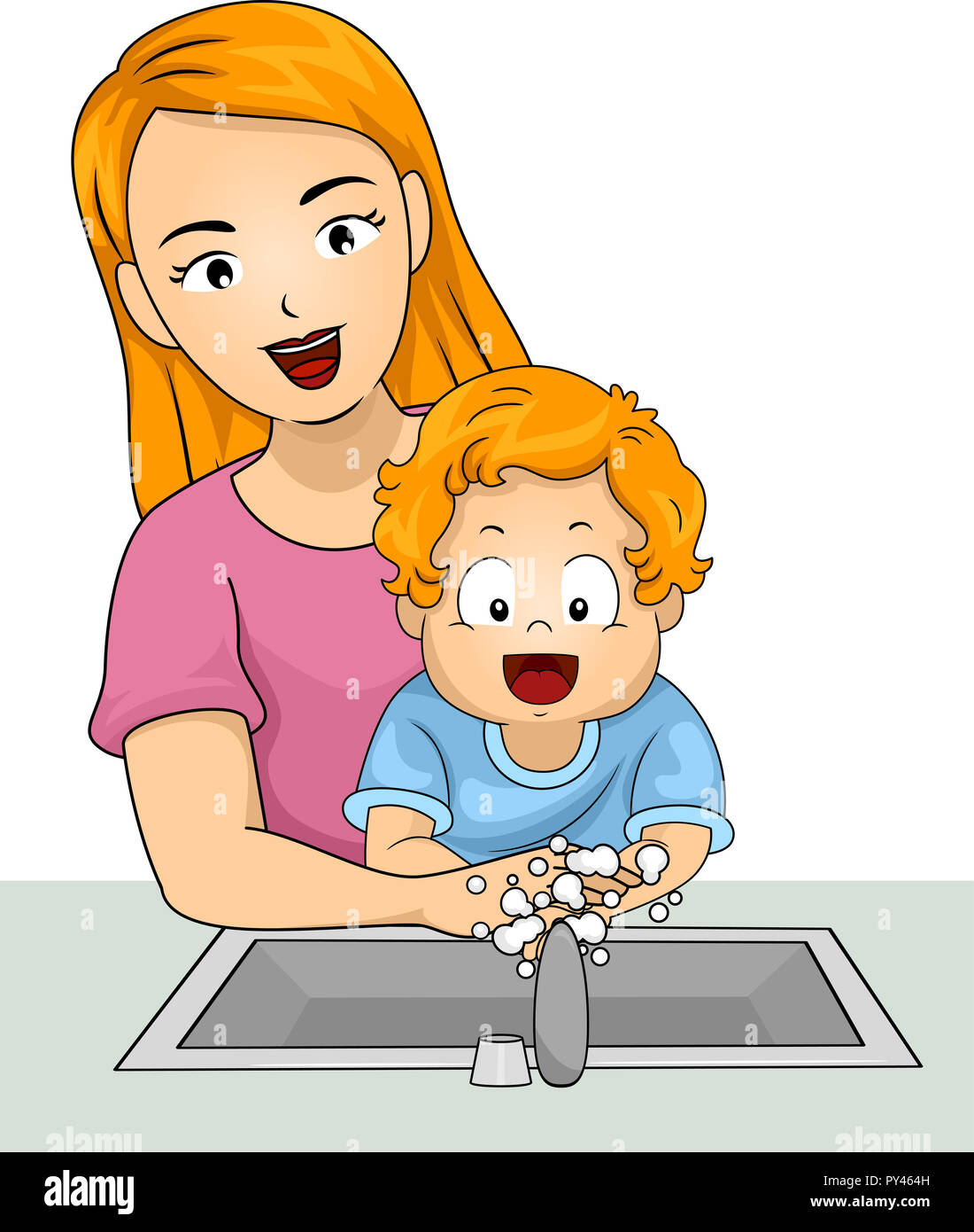 Illustration of a Kid Boy Toddler Washing Hands with His Mother Stock
