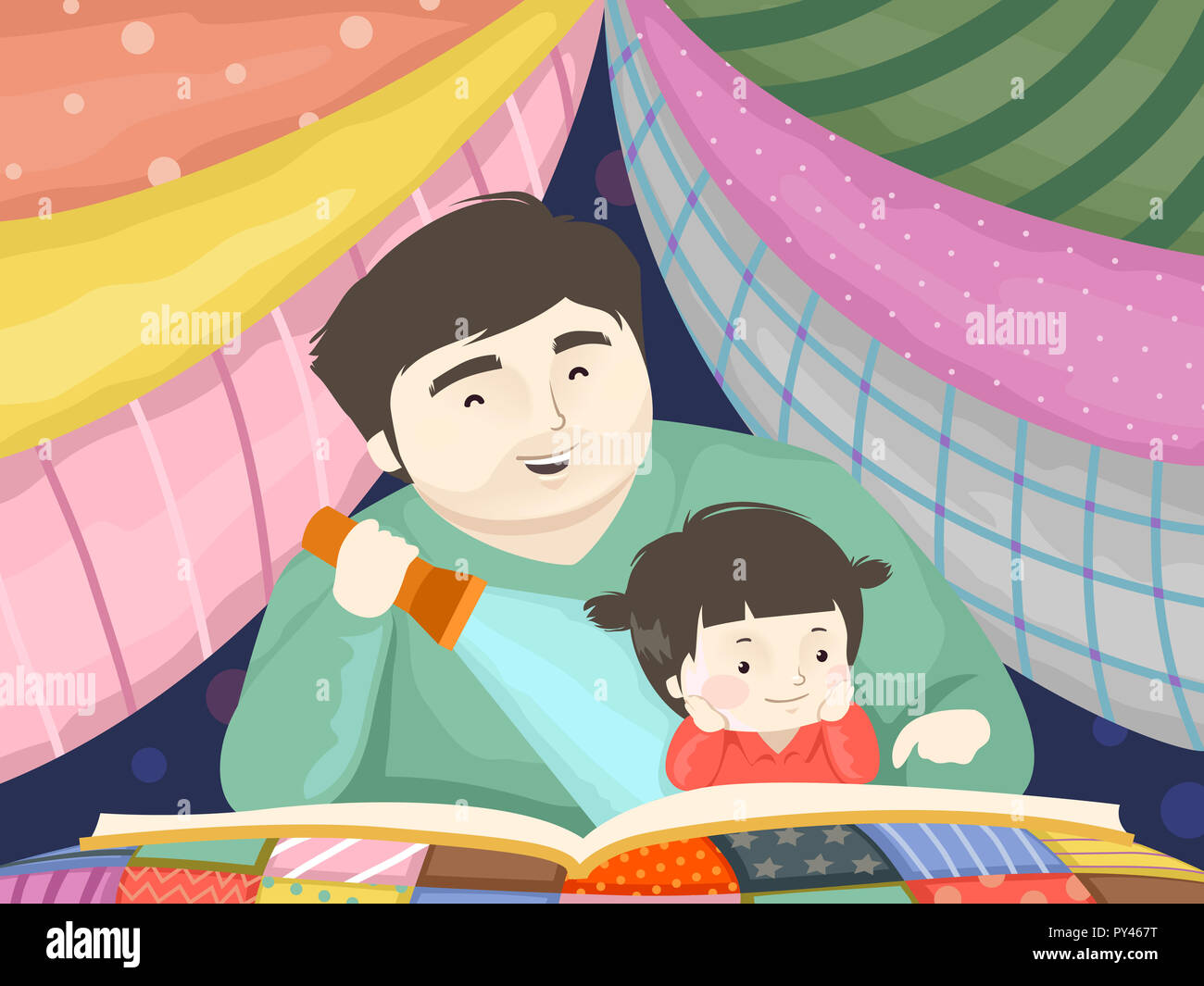 Illustration of a Kid Girl and Dad Reading a Story Book Under a Blanket Fort Stock Photo
