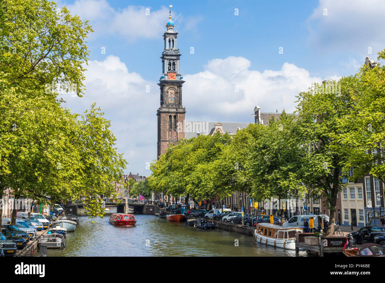 Amsterdam Prinzengracht canal near the Westerkerk church bell tower  central Amsterdam The Netherlands Holland EU Europe Stock Photo