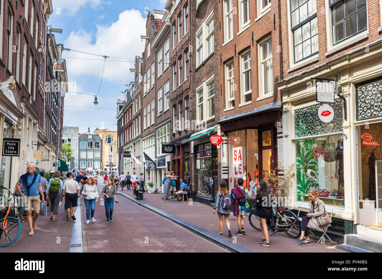 Amsterdam Reestraat part of the trendy nine streets area with fashion shops restaurants coffee bars bookshops interior design stores Amsterdam EU Stock Photo
