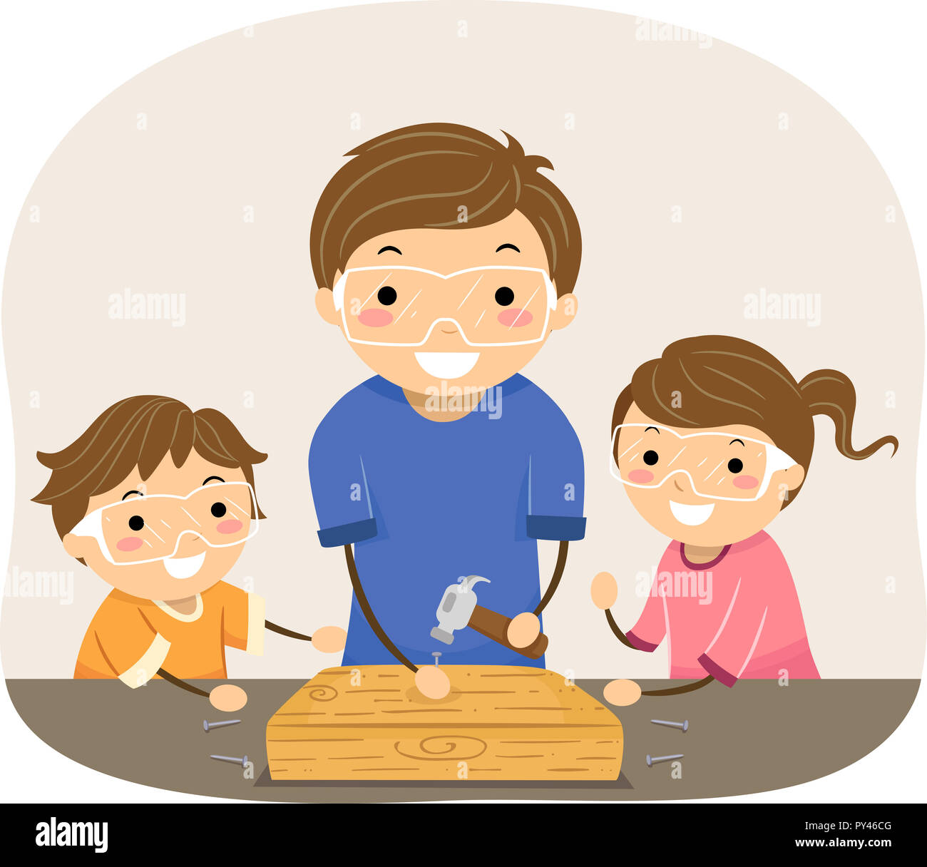 Illustration of Stickman Kids and Father Woodworking. Man Showing Kids How  to Hammer a Nail Stock Photo - Alamy