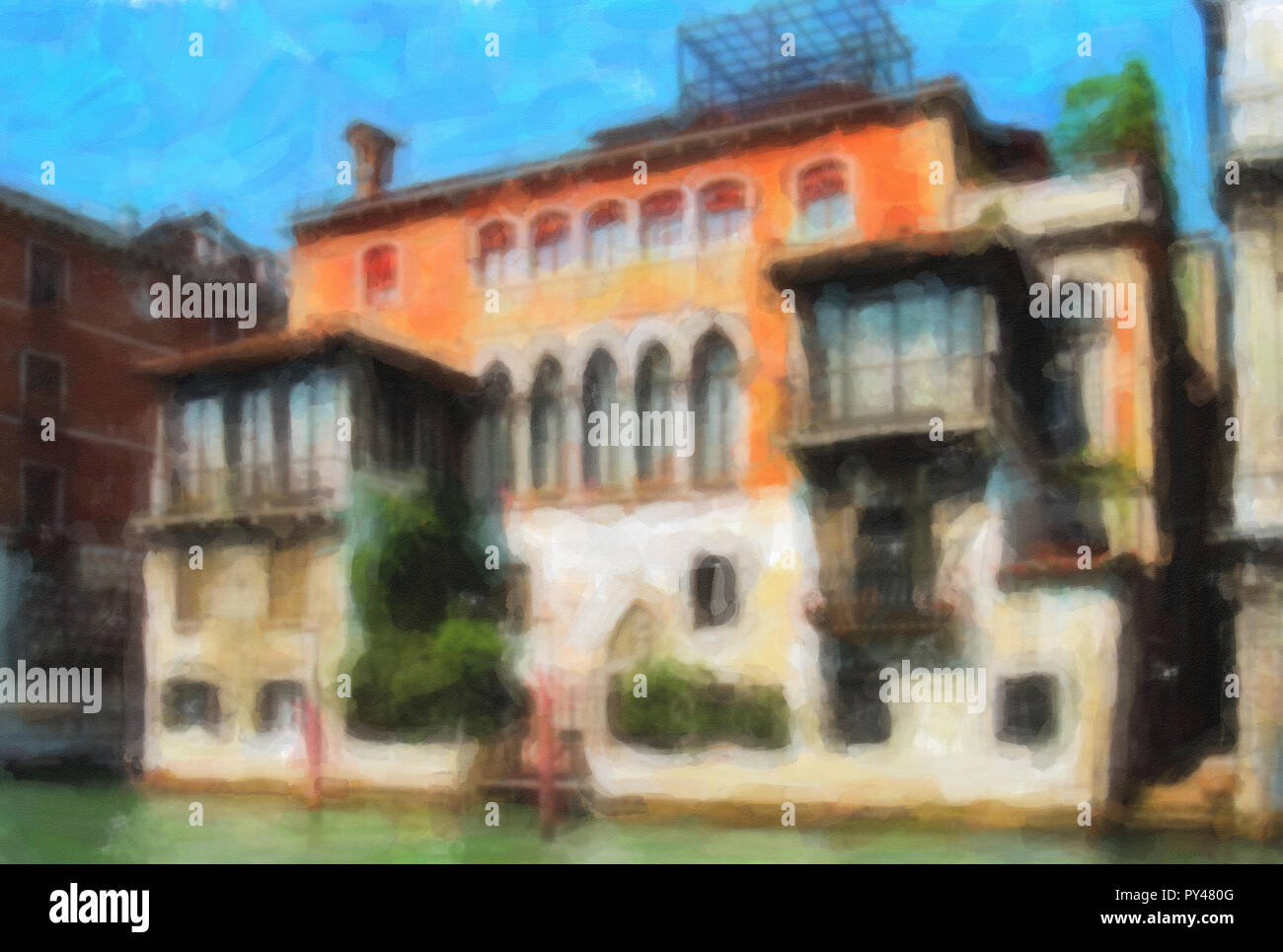 digital effect watercolour / watercolour painting of a Venitian palace by the canal, Venice, Italy Stock Photo