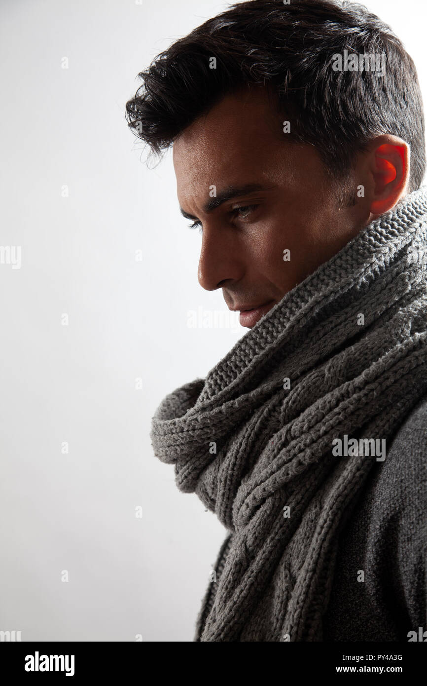 Man in Winter Gray Jumper and Scarf Stock Photo