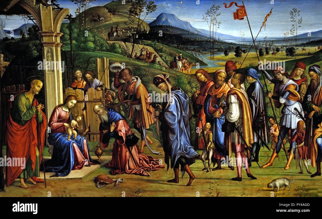 Adoration of the Magi 1499 by Lorenzo Costa the Elder 1460-1535 15-16th Century, Italy, Italian. Stock Photo