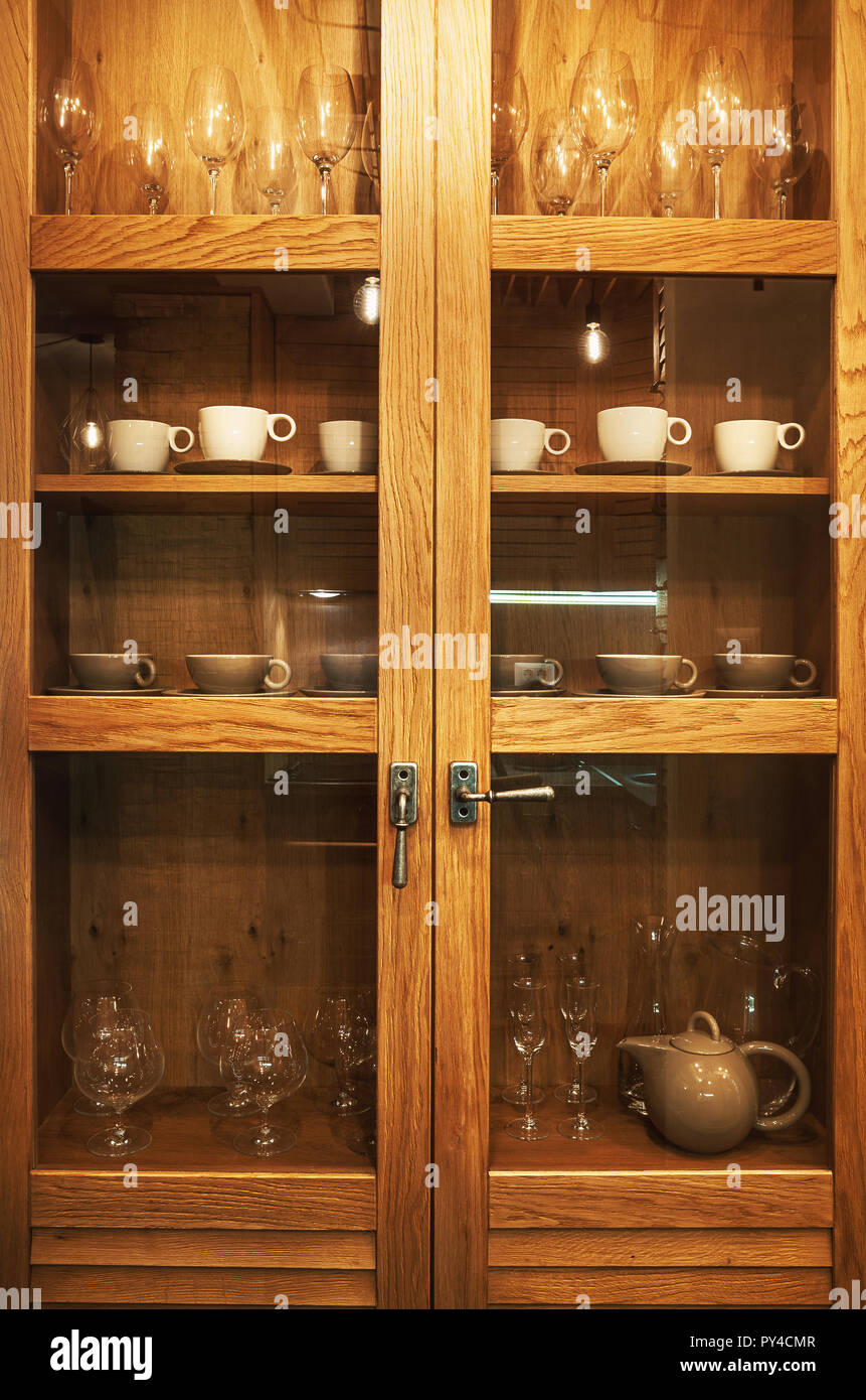 Details of new wooden full of drinking glasses and cups Stock
