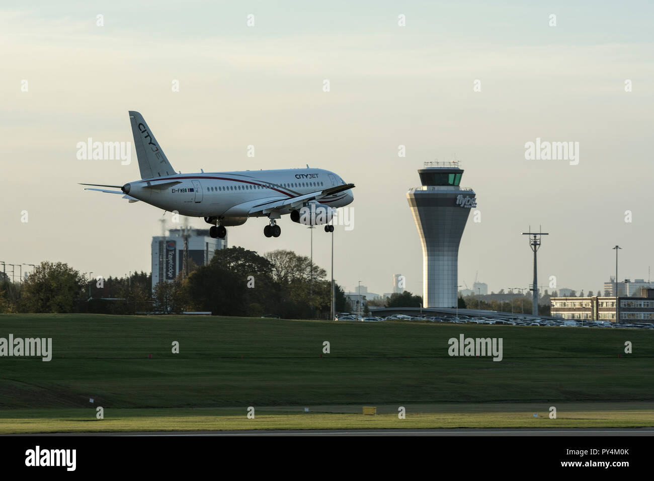 Cityjet Sukhoi Superjet 100-95B landing at Birmingham Airport, UK (EI-FWB) Stock Photo