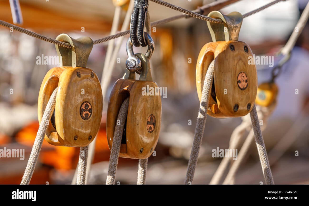 Typical chandlery on classic yacht Stock Photo