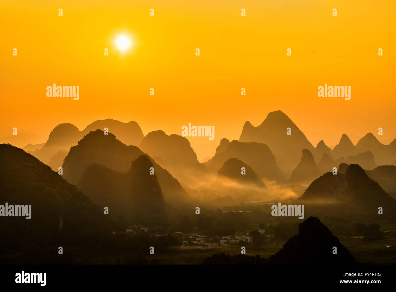 Sunrise Landscape of Guilin , Li River and Karst mountains called Xingping mount, Guangxi Province, China Stock Photo