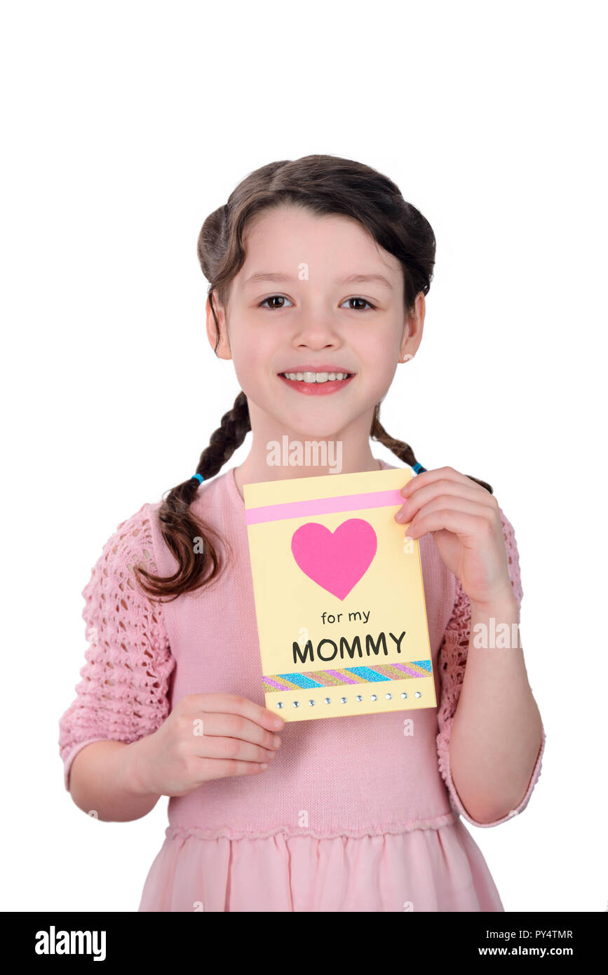 Beautiful girl holding greeting card Stock Photo - Alamy