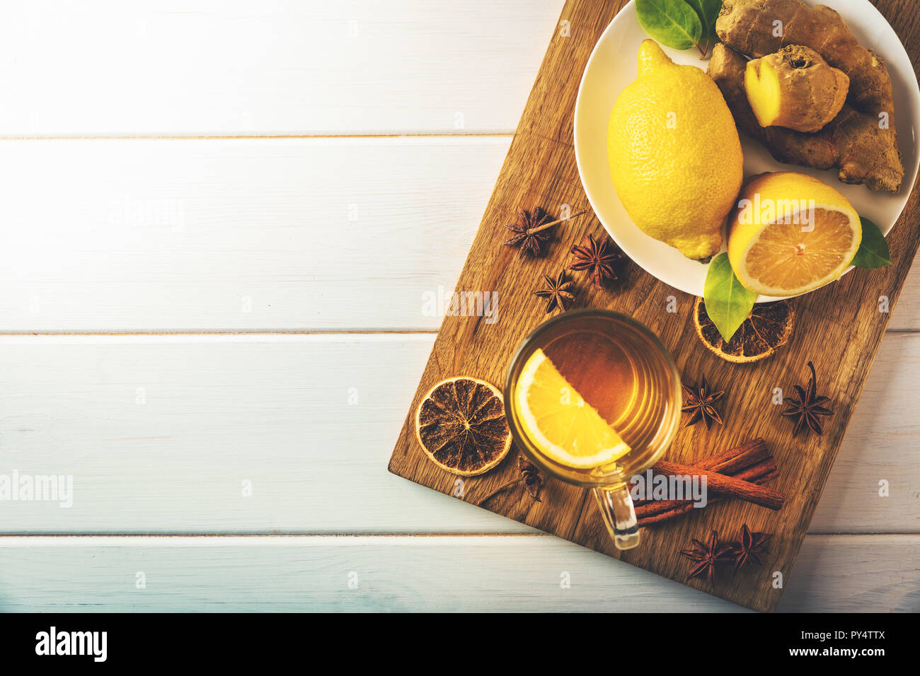ginger tea with lemon. top view copy space Stock Photo