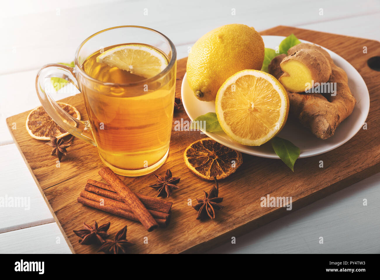 hot ginger tea with lemon. flu cold season drink Stock Photo