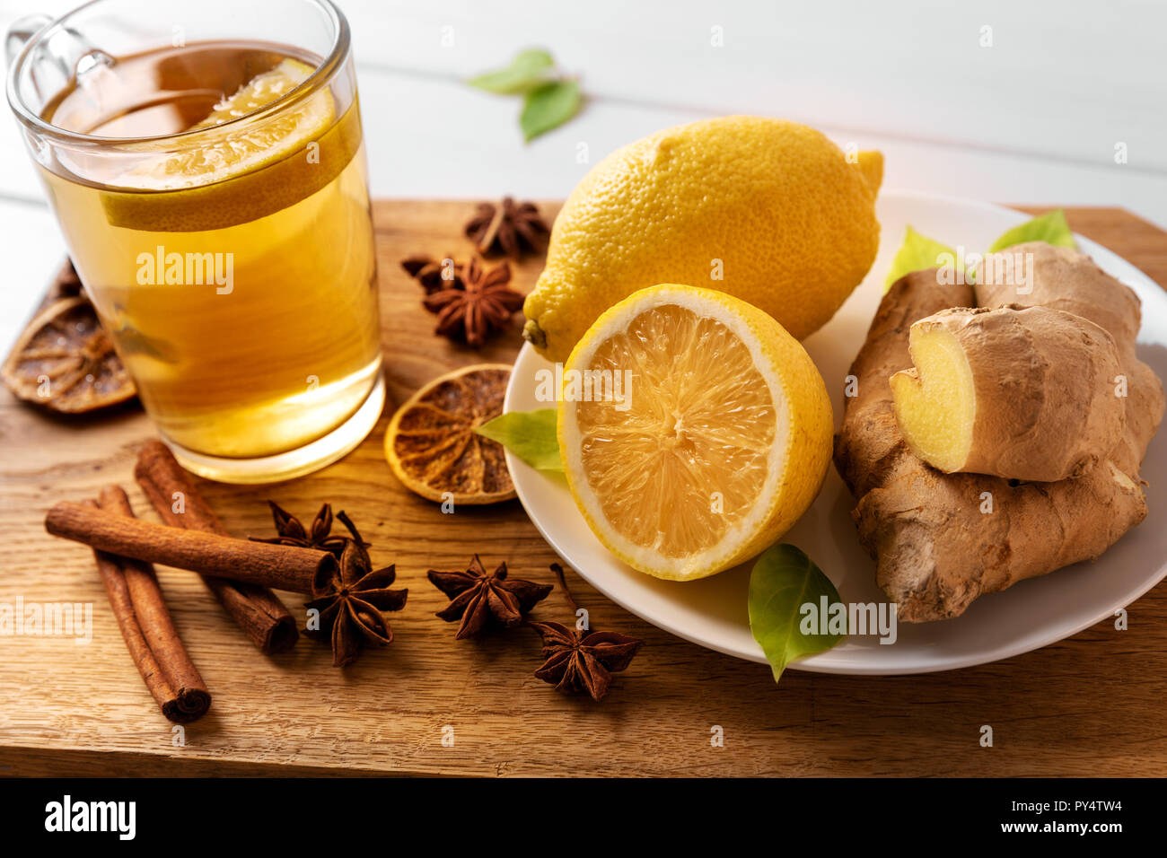 ginger root tea with lemon and spices Stock Photo