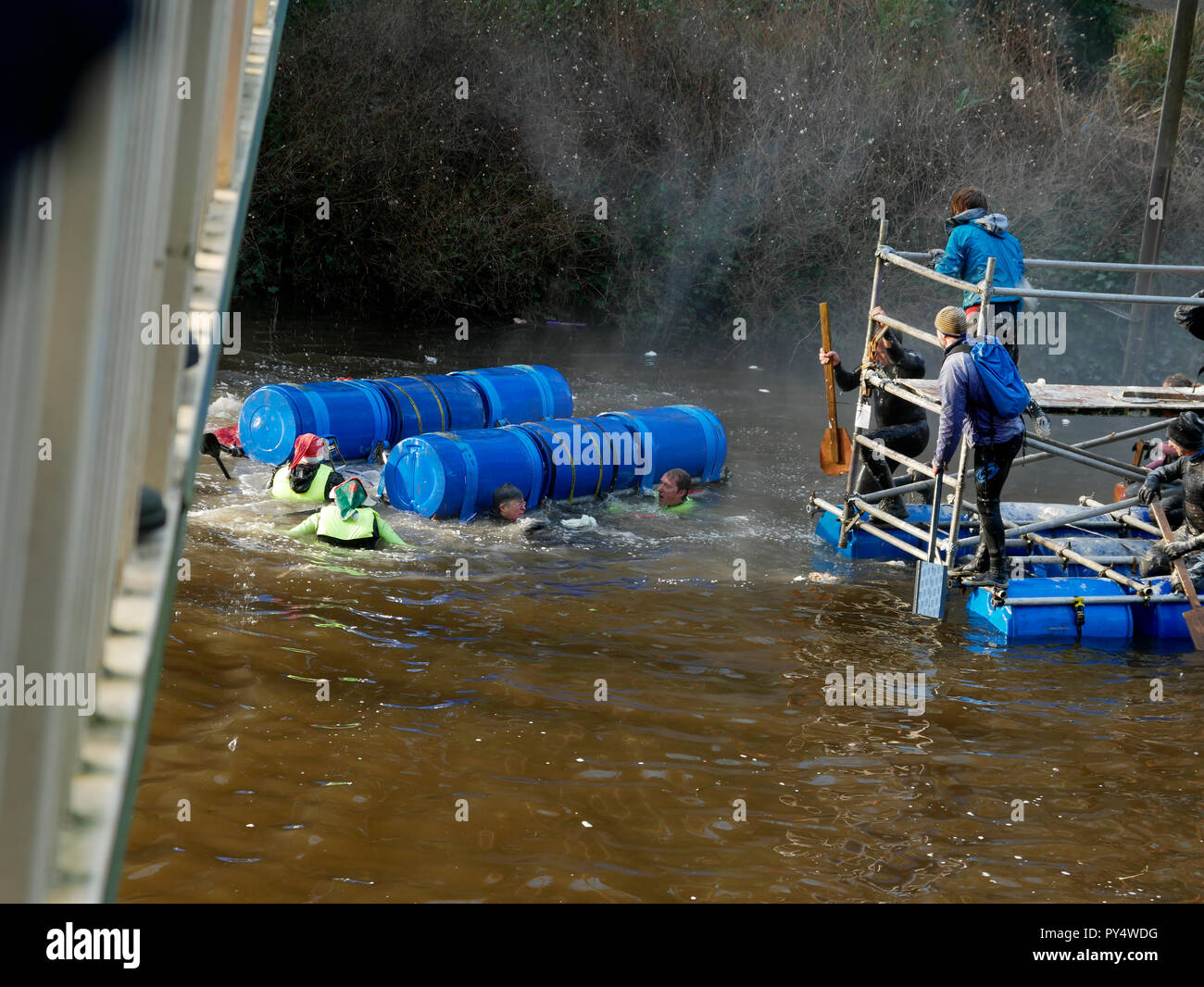 Annual Charity Raft race held on  Boxing day  Matlock Derbyshire England Stock Photo