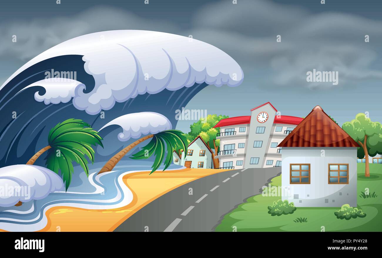 Tsunami hitting the town illustration Stock Vector