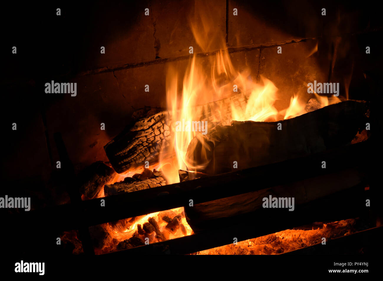 Log fire burning Stock Photo