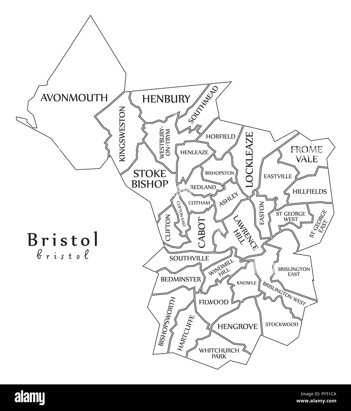 Modern City Map - Bristol city of England with wards and titles UK outline map Stock Vector