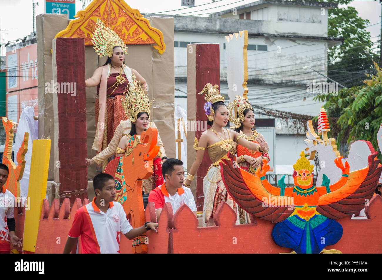 Chiengrai Vidhayakhome School students parade in annual Sports Days. Beautiful cute girls leading the parade. Stock Photo