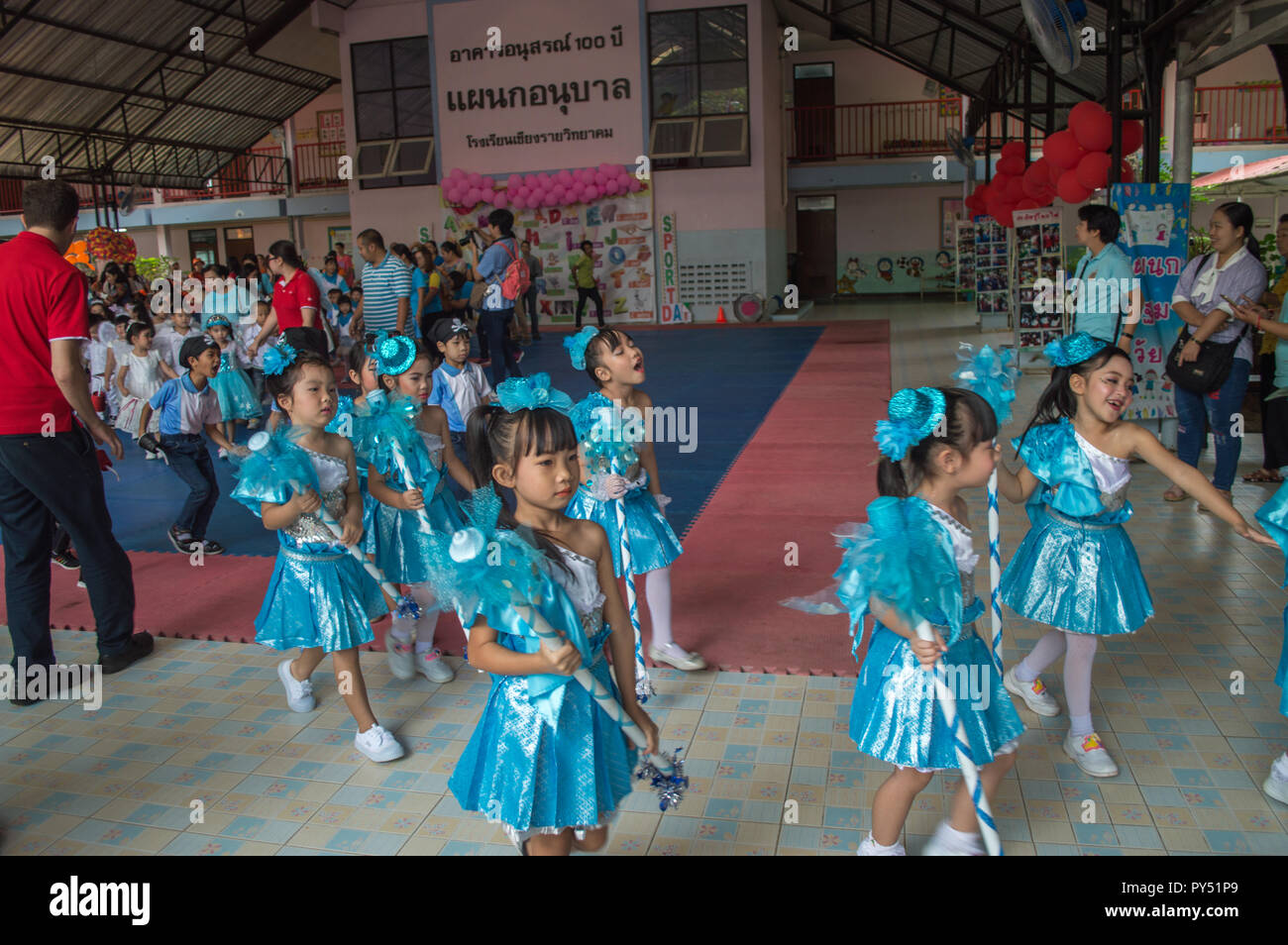 Chiengrai Vidhayakhome School students parade in annual Sports Days. Stock Photo