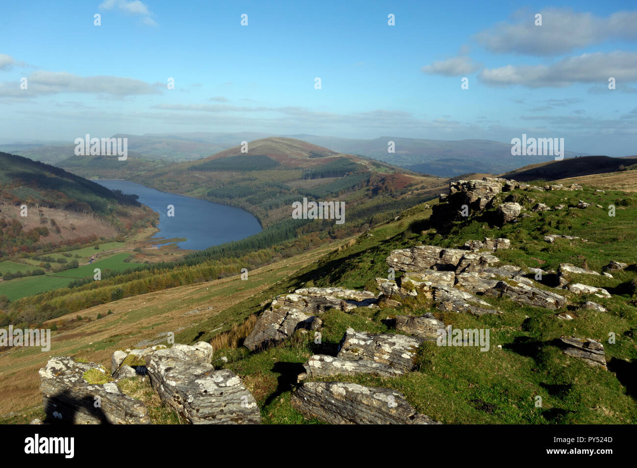 Talybont Reservoir from Bryniau Gleision, Brecon Beacons NationalPark, Powys, Wales. Stock Photo