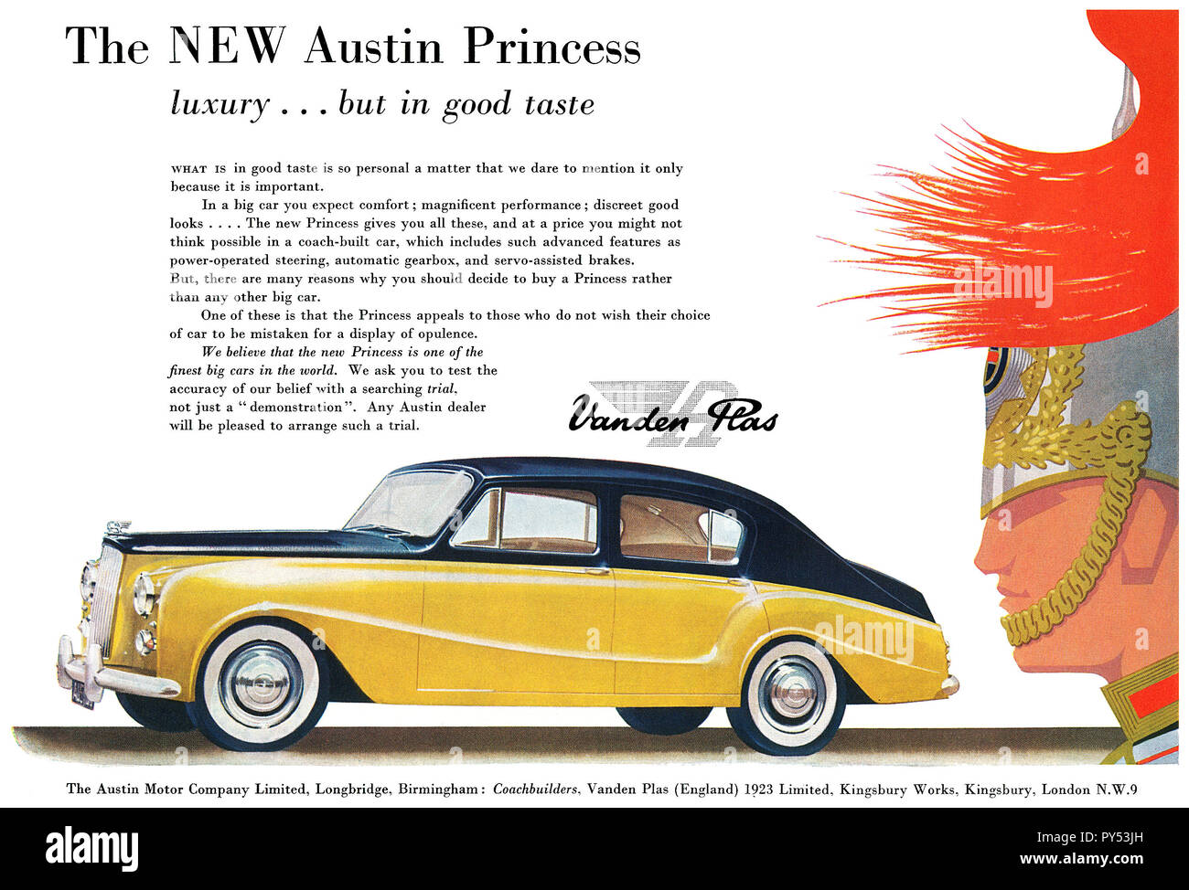1956 British advertisement for the Austin Princess luxury motor car with coachwork by Vanden Plas. Stock Photo