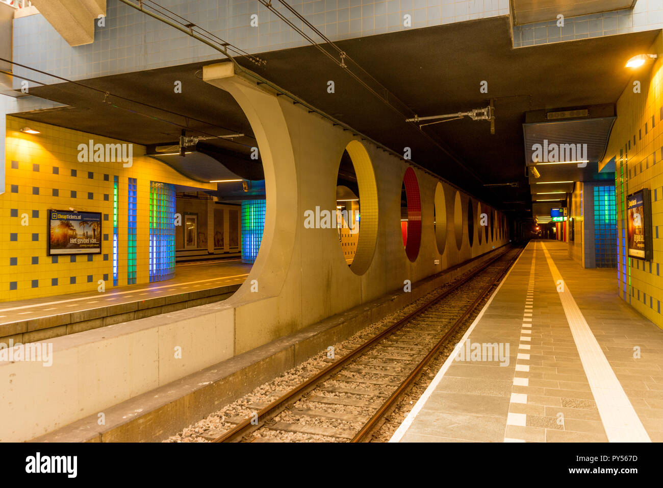 Europe, Netherlands, Rotterdam, a subway train at a train station Stock Photo