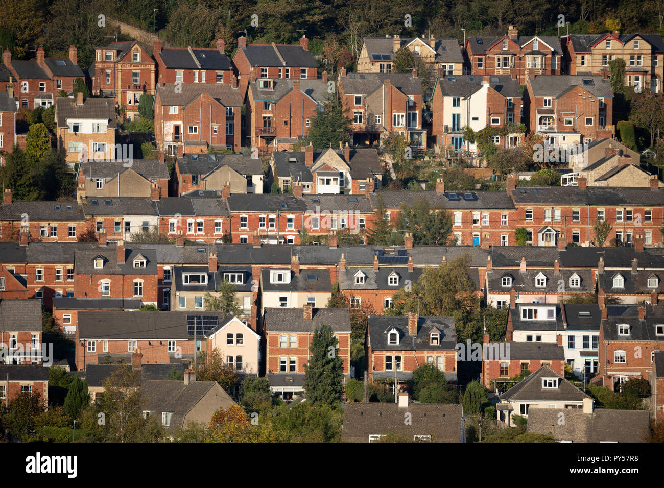 Terraced houses on hillside, Stroud, Gloucestershire, England, United Kingdom, Europe Stock Photo