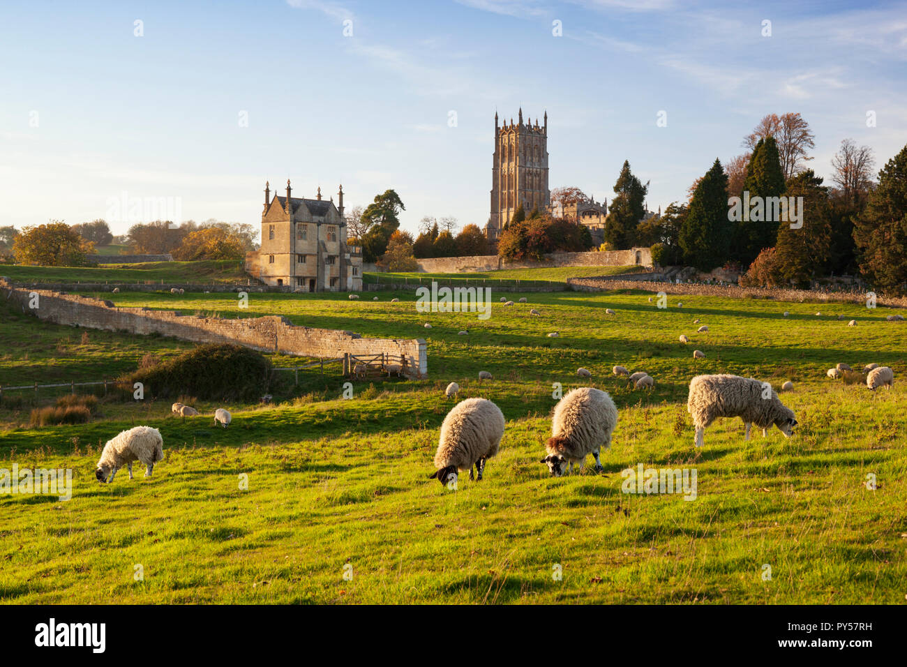 East Banqueting House of Old Campden House and St James' church in the coneygree field with grazing sheep at sunset, Chipping Campden, Cotswolds AONB Stock Photo