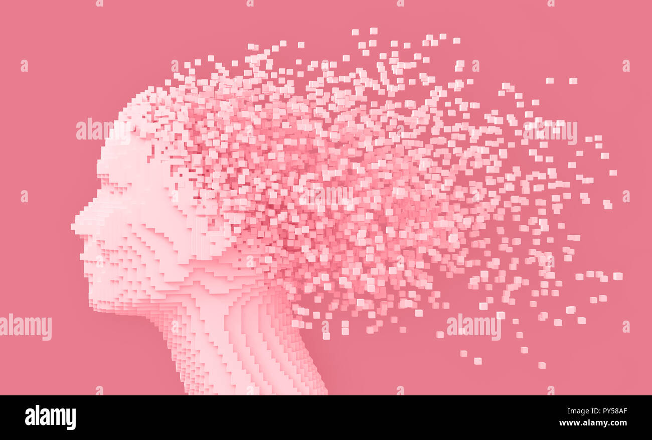 Pixelated Head Of Woman And 3D Pixels As Hair On Pink Background. 3D Illustration. Stock Photo