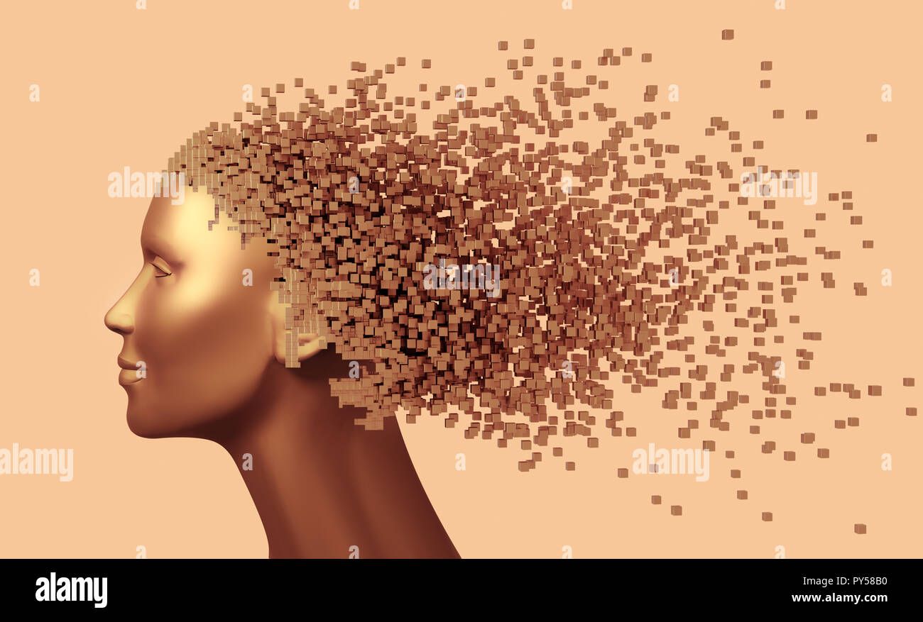 Bronze Head Of Woman And 3D Pixels As Hair. 3D Illustration. Stock Photo