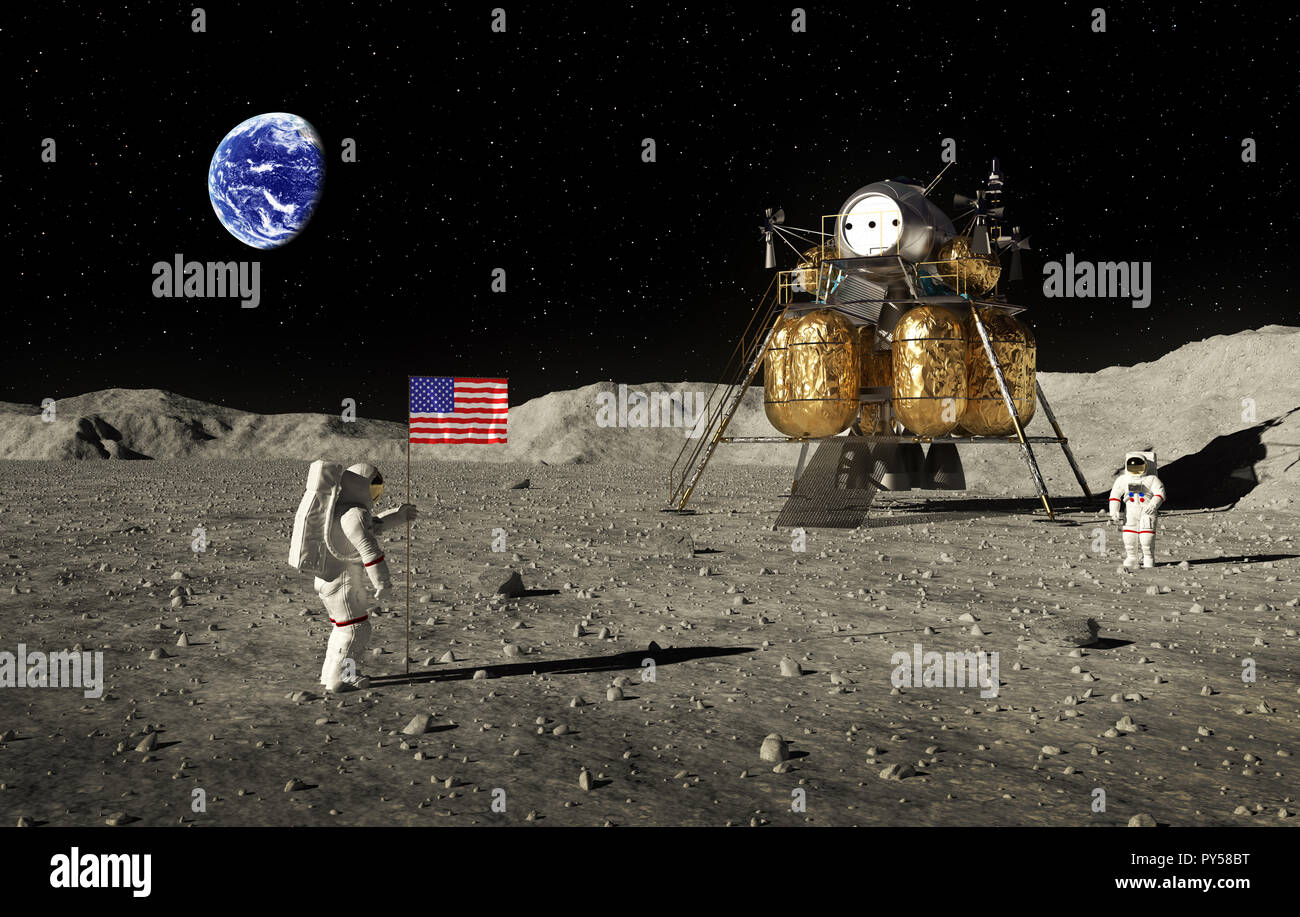 Astronauts Set An American Flag On The Moon. 3D Illustration. Stock Photo