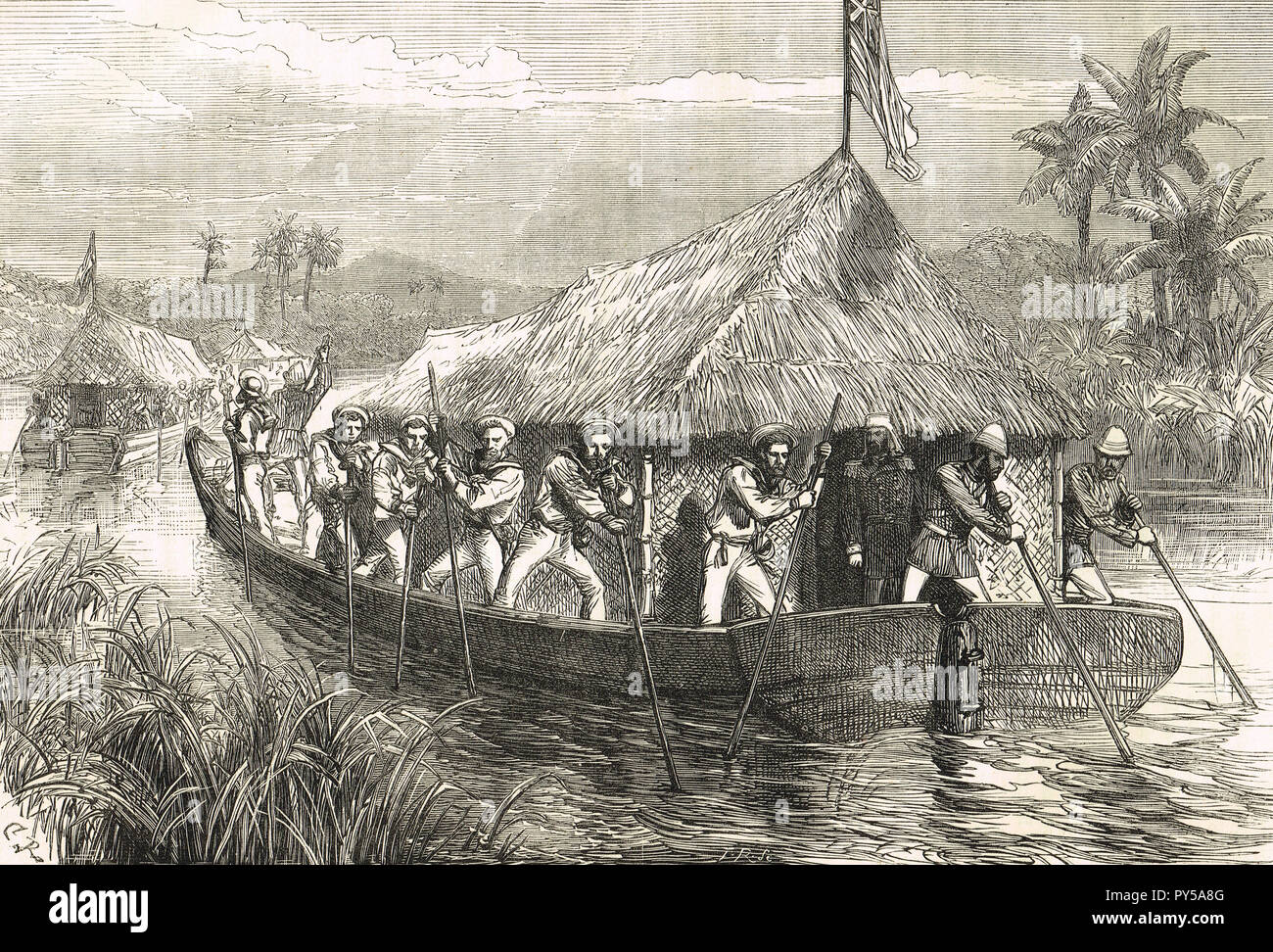 Blue-jackets and marines poling the Perak Expedition up the Perak river, Malaysia. A blockade of the North coast, during the Perak War (1875–76) Stock Photo