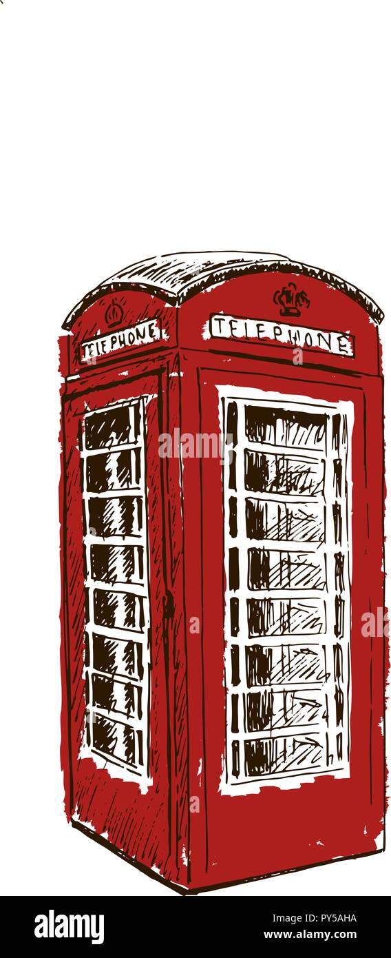 Red telephone box. call box London isolated. Sketch style ink pen. Concept idea for logo, tag, banner, advertising, prints, wrapping, decoration, pack Stock Vector